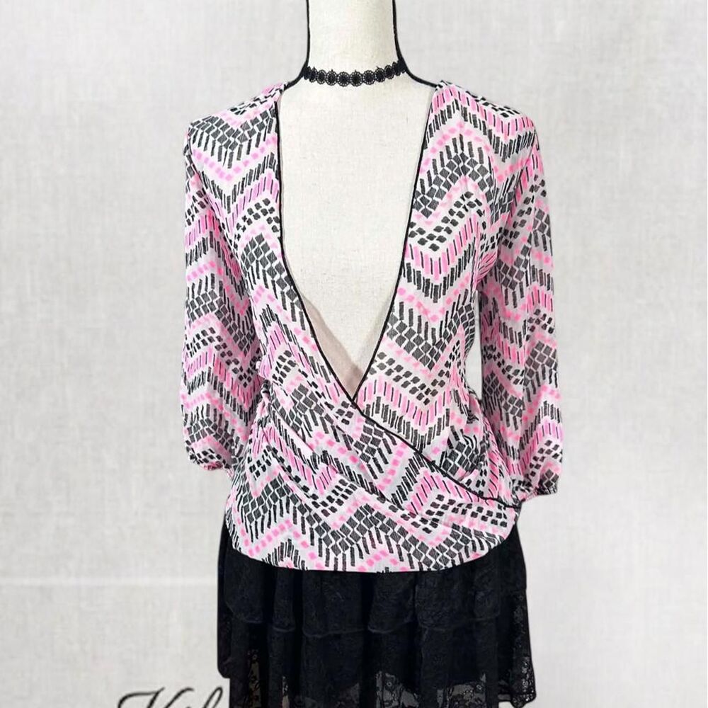 Y2K Style Pink and Black Chevron Faux Wrap Top